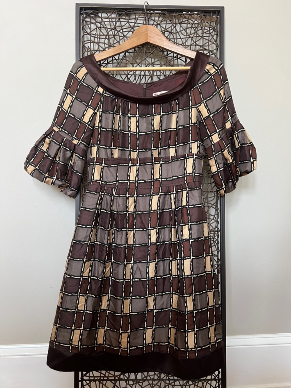 Nanette Lepore 100% Silk Bubble Sl Boat Neck Brown Retro Plaid Dress Fit Flare 4